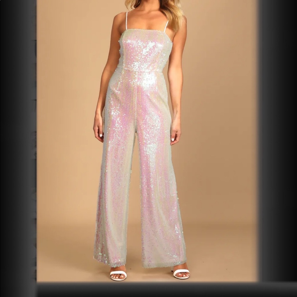 Going to Glow Iridescent White Sequin Sleeveless Jumpsuit